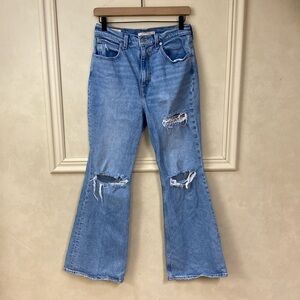 Levis Womens 70s High Flare Jeans Blue Distressed High Rise Stretch Denim 28